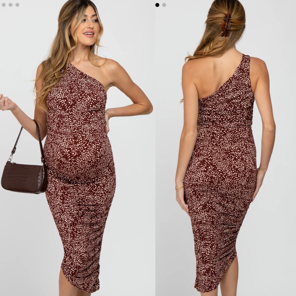 Pinkblush Brown Animal Print Asymmetrical One Shoulder Maternity Midi Dress